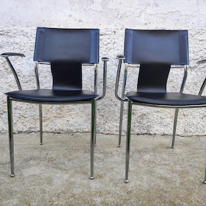 Retro Pair of Metal Dining Chairs / Black Faux Leather Chairs / Bauhaus Style Chairs / Mid Century Modern Furniture/ Retro Dining Chairs