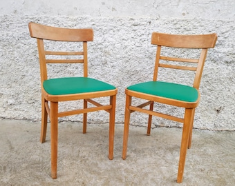 ONLY ONE CHAIR LEFTVintage Wooden Dining Chairs: Mint Green Faux Leather, Yugoslavian 60s Pair