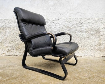 Sillón de cóctel vintage / Sillón de salón / Sillón de madera y cuero / Sillón de mediados de siglo / Sillón de descanso de cuero vintage / Años 80