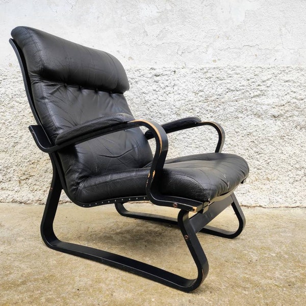 fauteuil cocktail vintage/ fauteuil lounge / fauteuil en bois et cuir/ fauteuil du milieu du siècle / fauteuil de repos en cuir vintage / années 80