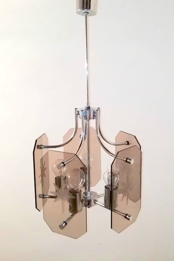 Midcentury Modern Chandelier / Smoked Glass Fontana Arte Veca Style Pendant Light / 70s Italy