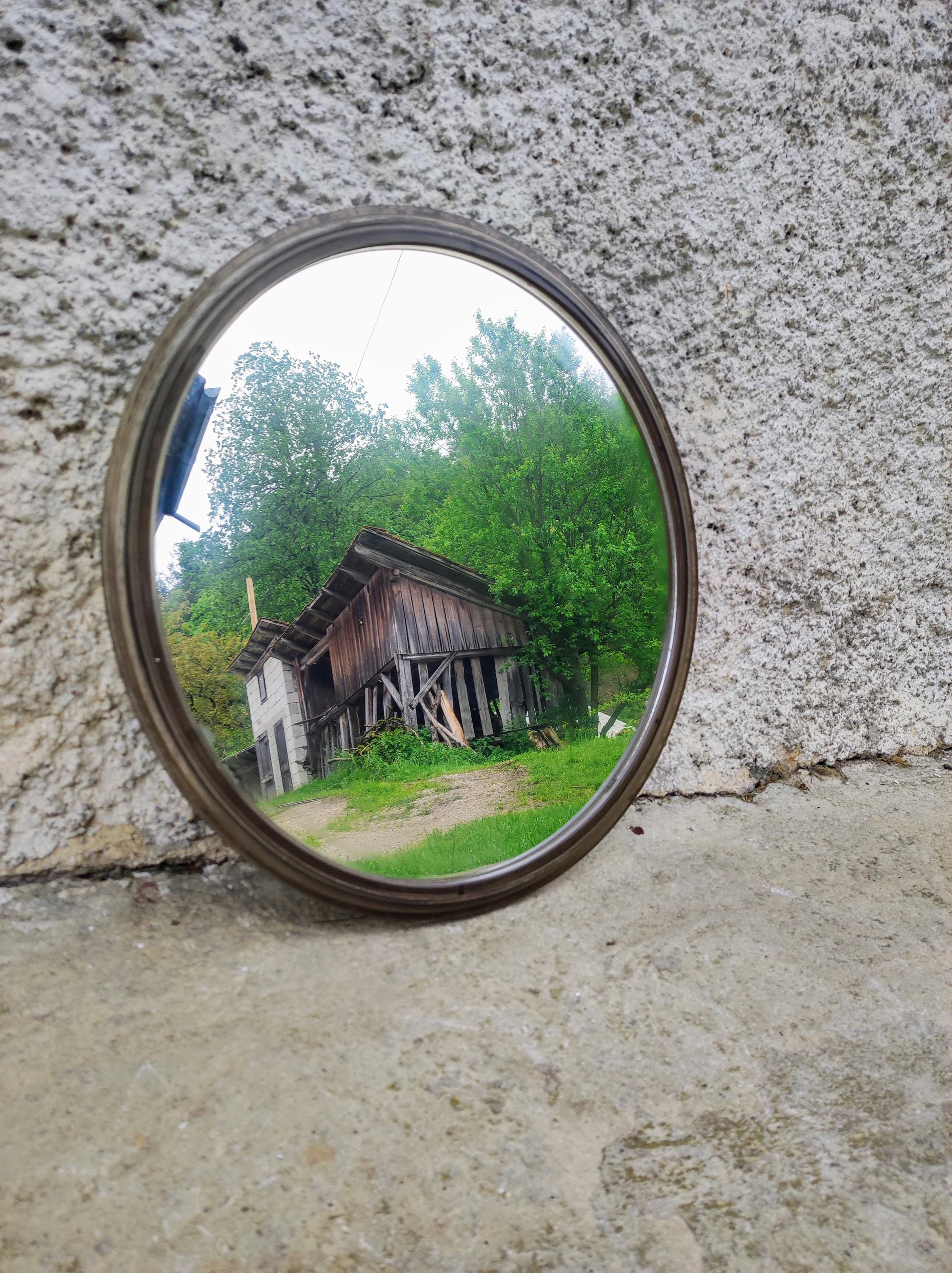 Vintage Mid Century Modern Round Mirror: Brown Plastic Frame, 1970s Retro Decor