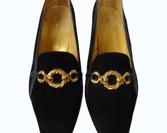 Zapatos de tacón vintage Alberto Gozzi de ante negro con diseño de caballo, de piel italiana, talla 7.5