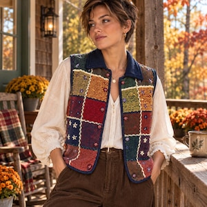 May include: A sleeveless vest featuring a multi-colored patchwork design with squares in shades of red, yellow, blue, and green, accented by white embroidered floral details. The vest has a dark blue collar and trim, worn over a cream-colored long-sleeve blouse.