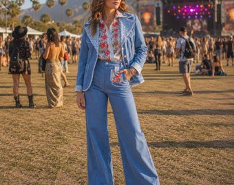 Vintage 1970s Handmade 3 Piece Pant Suit Set Blue Floral Jacket Blazer Pants Shirt Cottagecore Retro Women's S/M