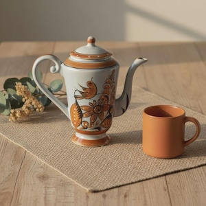 May include: A white ceramic teapot with a lid, decorated with orange floral and bird designs. A matching orange mug sits beside the teapot. The teapot has a curved handle and spout. The set is on a tan placemat.