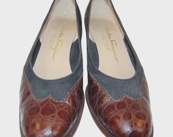 Vintage Salvatore Ferragamo Pumps – Black Suede & Brown Croc Leather