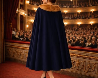 Vintage 1950s Wool Opera Cape Navy Dramatic Evening Coat Swing Cloak