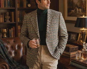 Vintage 1970s Palm Beach Plaid Sport Coat Mens 44R Green Rust Tweed Blazer
