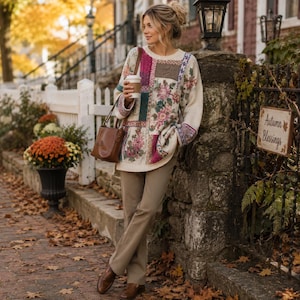 Vintage Heirloom Collectibles Patchwork Floral Sweater M Grandmillennial Cottagecore Ramie Katoen Gebreide Oversized Comfortabele Herfsttrui