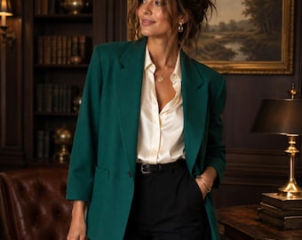 Vintage Dumas Emerald Green Wool Blazer Women Size 12 Made in USA 80s 90s Power Blazer