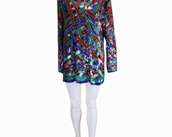 Top túnica de seda vintage con lentejuelas y cuentas, minivestido estilo art déco, negro multicolor, talla grande.