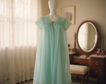 1960s Van Raalte Aqua Chiffon Peignoir Lingerie Set – Vintage Bridal / Giftable Nightwear – Size Small