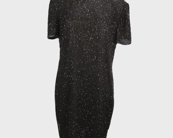 Robe de cocktail en soie noire vintage perlée – Robe de soirée XL