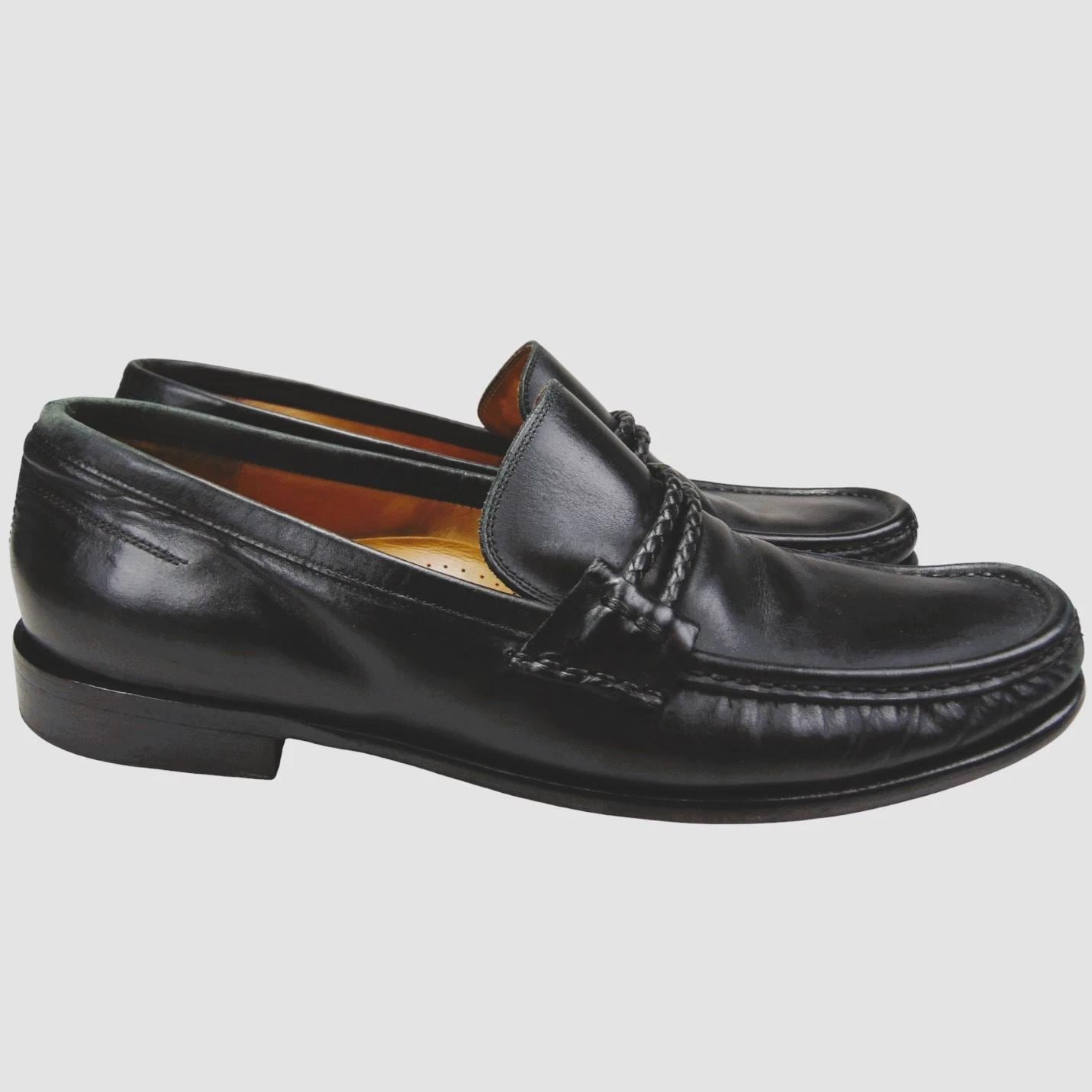 JOHNSTON MURPHY ITALY MENS LOAFERS SZ 11.5 M BLACK LEATHER BRAIDED STRAP SHOES Johnston & Murphy Shoes Men 11.5 Black Leather Slip On Moc  main image 2