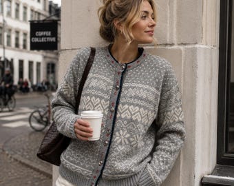 Vintage L.L.Bean Fair Isle Wool Cardigan Sweater Gray Nordic Snowflake Knit USA Made Scandinavian Cottagecore Women’s Large