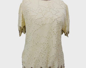 Blusa vintage de seda con cuentas Laurence Kazar, cuentas de corneta color marfil con dobladillo festoneado, talla L