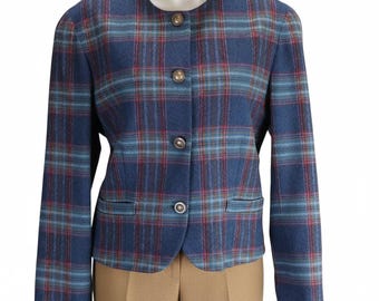Vintage Pendleton Wool Blazer Womens 16 Plaid Tartan Jacket Made in USA Blue Red Teal Gold