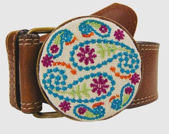 GAP Brown Genuine Leather Belt with Multicolor beaded Pattern Gap 1969 Studded Rhinestone Leather Belt Buckle Closure  main image 2