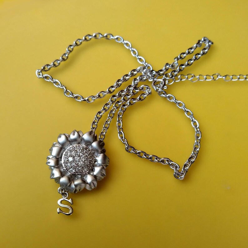 Letter S Charm Sunflower Pendant Sterling Silver Chain Etsy