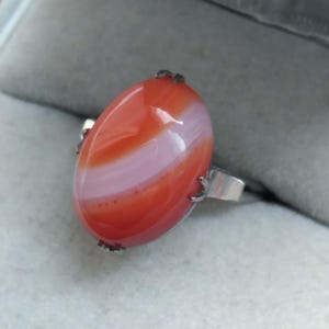 Oval Agate Cabochon Ring, Sterling Silver Band, Orange Carnelian Vintage Jewelry