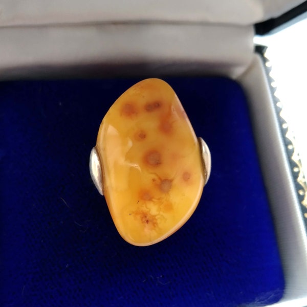 Sterling Silver Large Spotted Baltic Amber Stone Ring, Yellow Gemstone Unique Artisan Jewelry