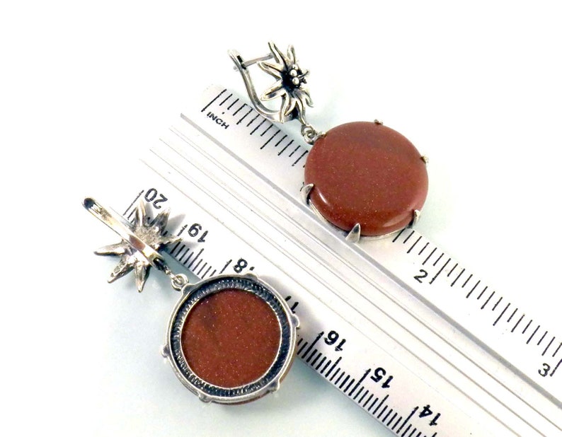 Edelweiss Flower Round Goldstone Drop Earrings Vintage Jewelry