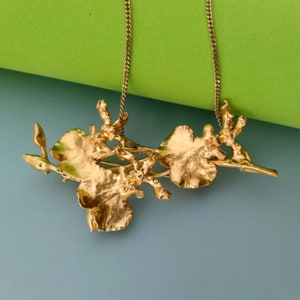 RISIS 22K Gold Plated Orchid Brooch, Large Flower Branch Pendant, Singapore Vintage 22KGP Costume Jewelry