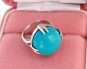 Large Turquoise Statement Sterling Silver Ring, Vintage Gemstone Chunky Jewelry