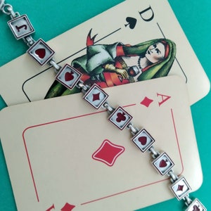Spieler Sterling Silber Lacky Armband, 925er Silber Link Rote Emaille Card Suit Armband, Vintage Poker Spiel Schmuck