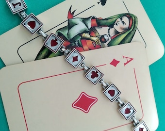 Vintage Sterling Silver Card Suit Bracelet: Red Enamel Poker Jewelry