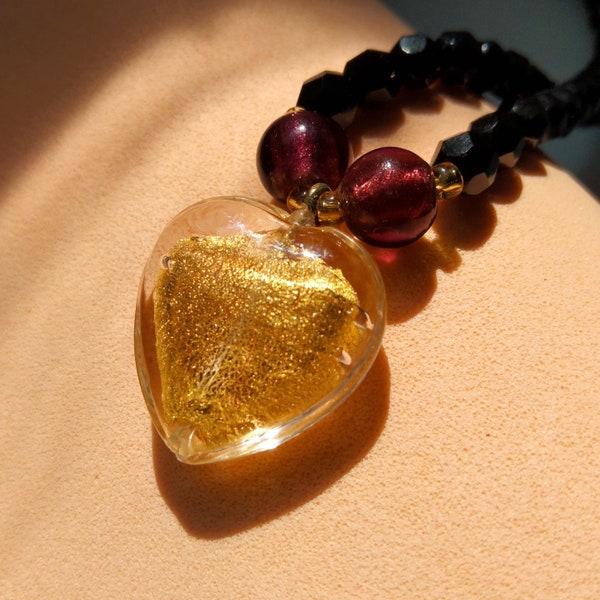 Gold Foil Murano Glass Heart Pendant, Faceted French Jet Black Bead Choker Necklace, Vintage Italian Jewelry