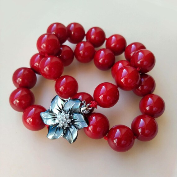 Red Bead Choker: MOP Flower Clasp, Vintage Masami Japanese
