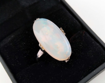 Large White Opal Cabochon Sterling Silver Ring, Vintage Gemstone Jewelry