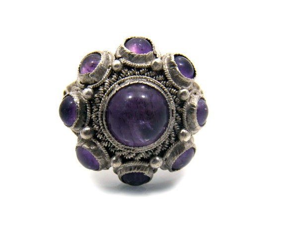 Chinese Antique Amethyst Multi Stone Ring, Sterli… - image 3