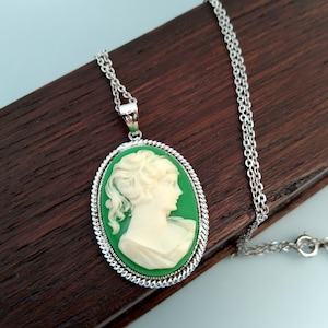 Green Lady Cameo Pendant Necklace, Silver Chain 18in, Vintage Costume Jewelry 1970s