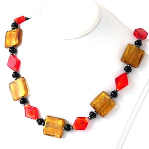 Gold Foil Murano Glass Necklace Silver Clasp, Venetian Red Bead and Black Hematite Necklace, Italian Art Glass Vintage Jewelry