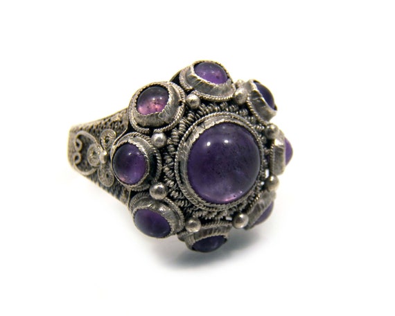 Chinese Antique Amethyst Multi Stone Ring, Sterli… - image 2