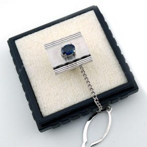 Natural Blue Sapphire Sterling Silver Tie Pin, Vintage Gemstone Jewelry