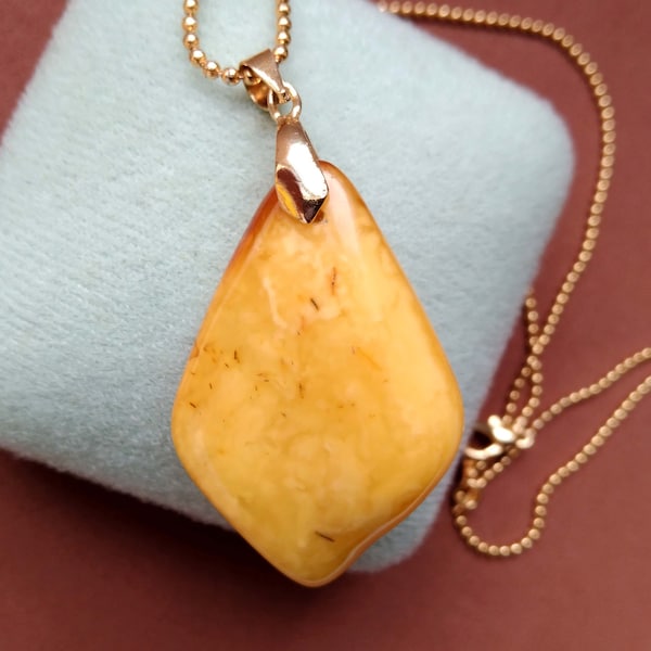 Egg Yolk Amber Pendant, 18K Gold Plated Chain Necklace, Baltic Amber Jewelry