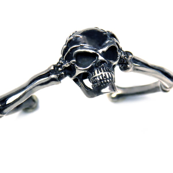 Statement Sterling Silver Skull Cuff Bracelet, Skeleton Bone Hands Bangle, Gothic Jewelry for Men