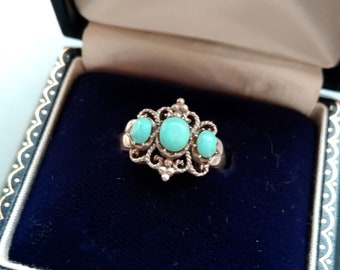 3 Turquoise Stone Ring, Sterling Silver Filigree Band, Vintage Jewelry