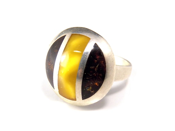 Amber Inlay Dome Ring, Vintage Chunky Sterling Sil