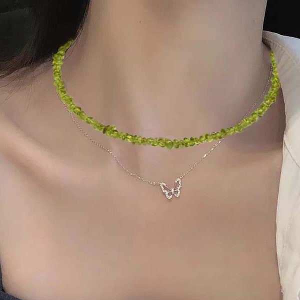 Peridot Chip Necklace, Open Rigid Choker, Yellow-Green Gemstone Jewelry