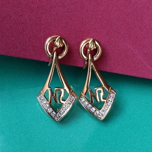 Dangling Nina Ricci Logo Clip On Earrings, Rhinestone Gold Plated Earring, Vintage Costume Designer Jewelry 1960s