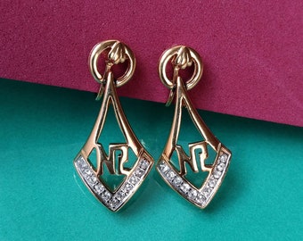 Dangling Nina Ricci Logo Clip On Earrings, Gold Plated Designer Earring, Vintage Rhinestone Costume Jewelry 1960s