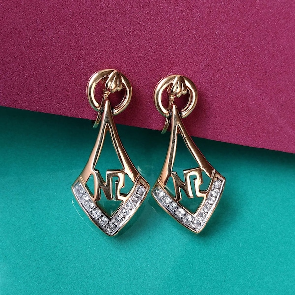 Dangling Nina Ricci Logo Clip On Earrings, Gold Plated Designer Earring, Vintage Rhinestone Costume Jewelry 1960s