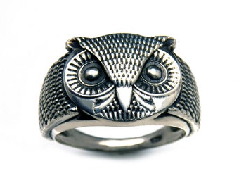 Sterling Silver Owl Head Ring, Wide Band Ring, Bird Jewelry