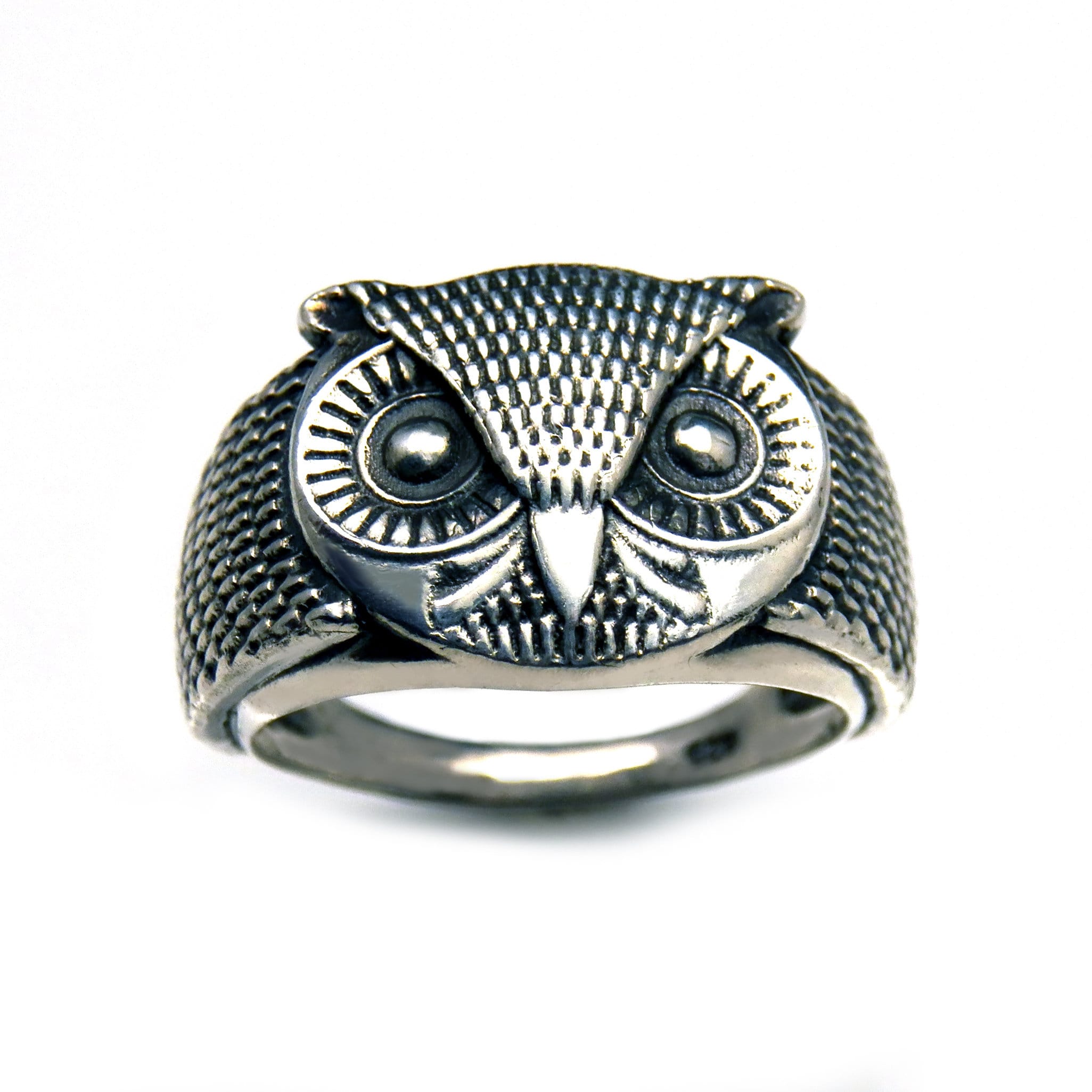 Owl Head Ring, Sterling Silver Bird Wide Band Unisex Rings