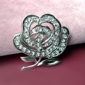 Rhinestone Rose Flower Large Brooch, Silver Tone Brooch Pin, Vintage Floral Costume Jewelry